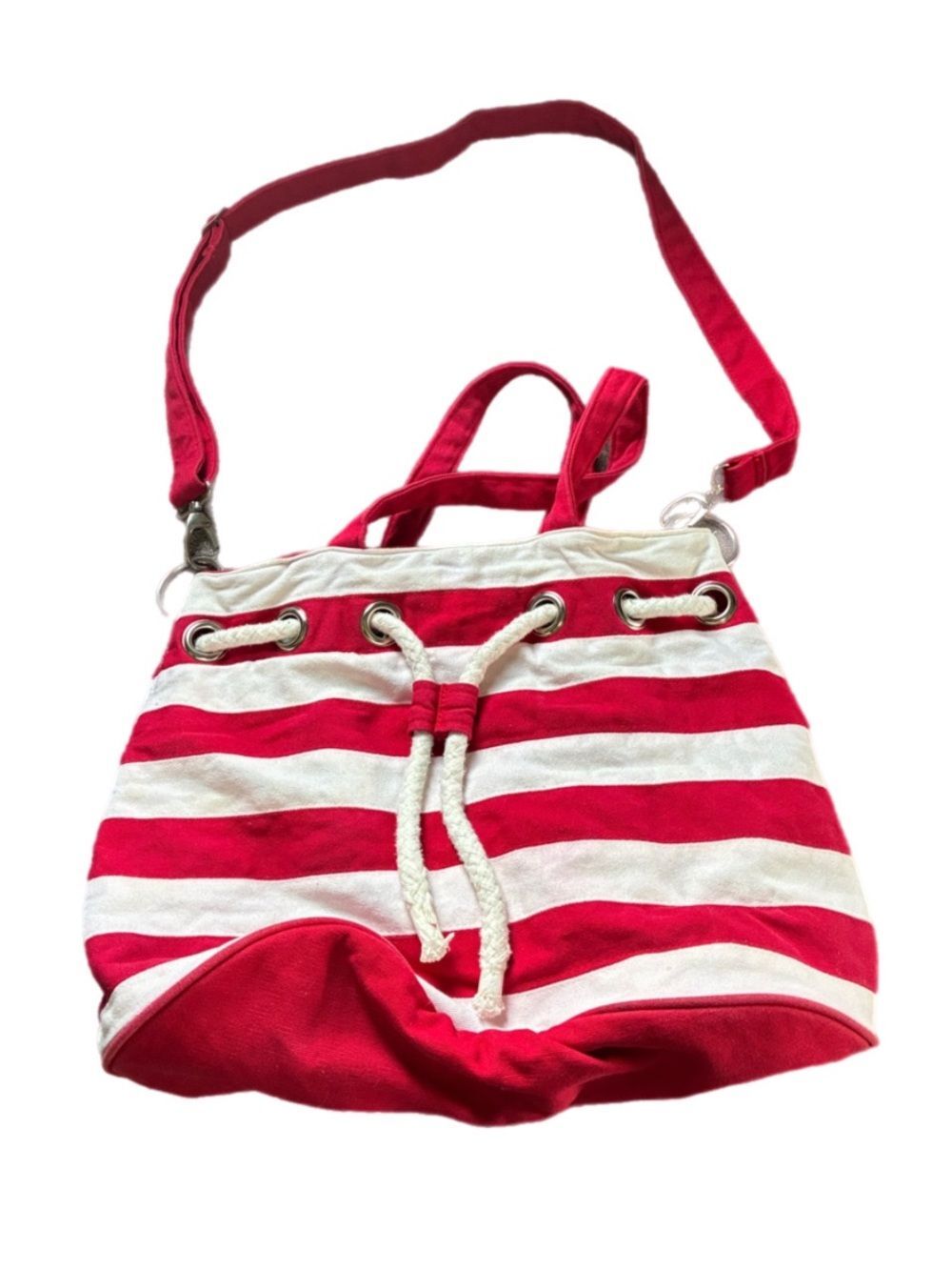 QK Red/White Striped Tote Bag Rope Detail Nautical Beach Vacation Shopping Tote